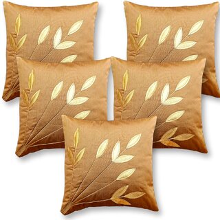                       Style Maniac Silk Decorative Golden Leaf print Cushion Covers Set of 8                                              