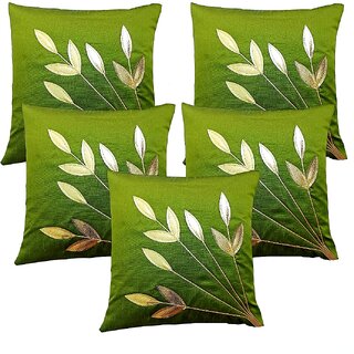                       Style Maniac Silk Decorative Golden Leaf print Cushion Covers Set of 9                                              