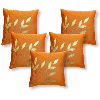                       Style Maniac Silk Decorative Golden Leaf print Cushion Covers Set of 11                                              