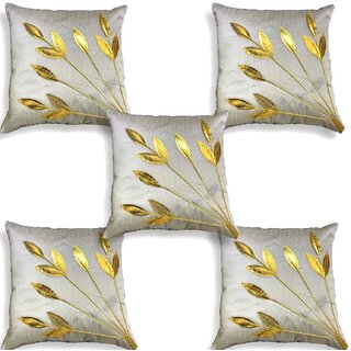                       Style Maniac Silk Decorative Golden Leaf print Cushion Covers Set of 14                                              