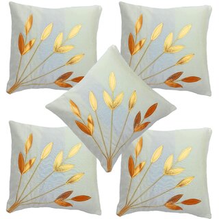                       Style Maniac Silk Decorative Golden Leaf print Cushion Covers Set of 15                                              