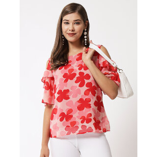                       Elizy women pink floral printed georgette cold shoulder top                                              