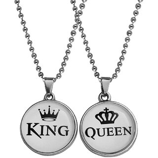                       M Men Style  Valentine Gift King  & Queen Crown  Silver  Zinc  & Metal  Pendant Necklace Chain                                              