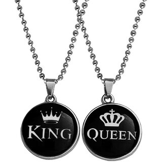                       M Men Style  Valentine Gift King  & Queen Crown  Black  Zinc  & Metal  Pendant Necklace Chain                                              