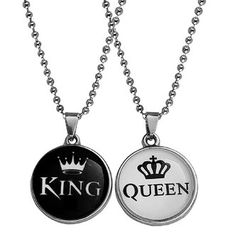                       M Men Style  Valentine Gift King  & Queen Crown  Black  & Silver  Zinc &  Metal Pendant Necklace Chain                                              