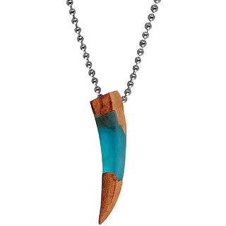                       M Men Style  Woodgrain Tusk  Acrylic Striped Wood Tusk  Blue Wood &Acrylic  Pendant Necklace Chain                                              