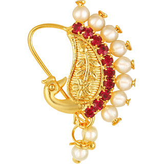                       Vighnaharta Gold Plated Red Stone with Peals Alloy Maharashtrian Nath Nathiya./ Nose Pin for women VFJ1006NTH-TAR                                              