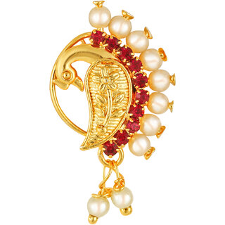                       Vighnaharta Gold Plated Red Stone with Peals Alloy Maharashtrian Nath Nathiya./ Nose Pin for women VFJ1006NTH-Press                                              