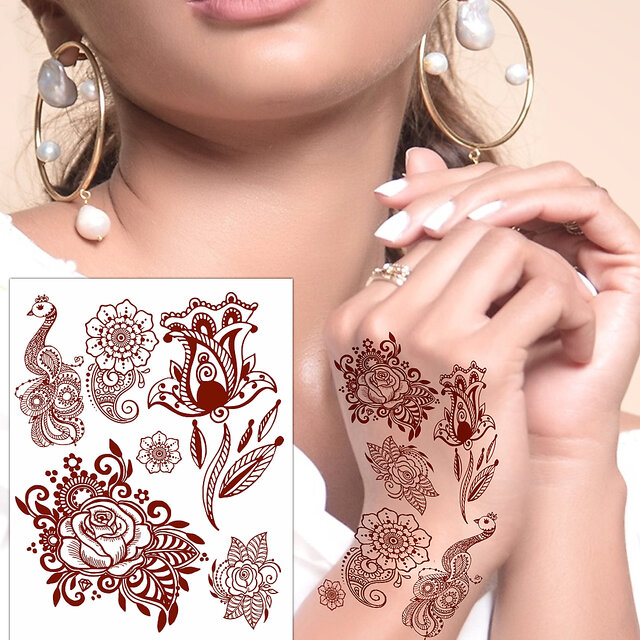 Red-Brown Henna Tattoo Sticker Temporary Tattoos for Women Mandala Mehndi