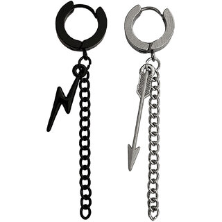                       M Men Style   Zikzak  Chain &  Arrow Hoop Earring  Black And Silver  Stainless Steel Earrings                                              