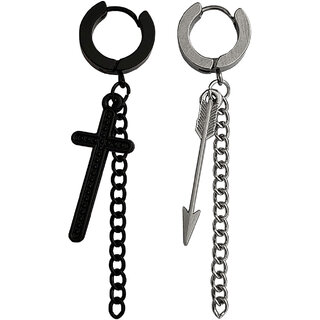                       M Men Style  Christ Jesus Cross Arrow Hoop Chain Earring Black Silver Stainless Steel Earrings                                              