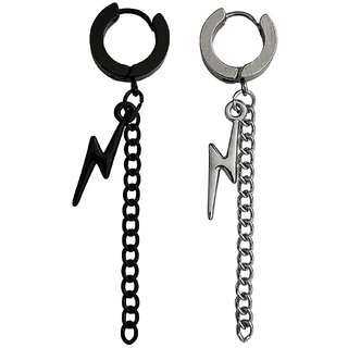                       M Men Style   Zikzak  Chain  Black And Silver  Stainless Steel Earrings                                              
