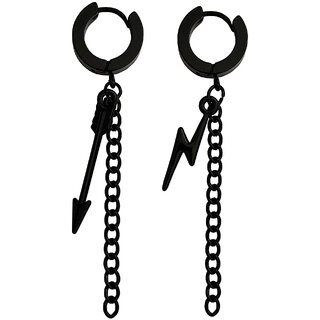 M Men Style  Arrow Hoop &  Zikzak  Chain  Black And Silver Stainless Steel Earrings
