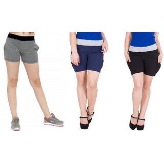                       FeelBlue Stylish Cotton Hot Pants/Shorts for Women ideal for Cycling, Gym, Yoga(Pack of 3pc, Dgrey, Navy Blue  Black)                                              