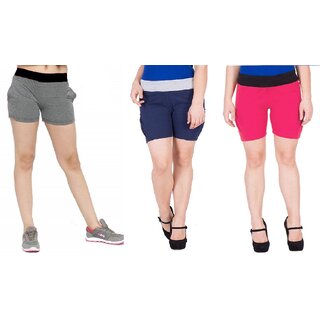                       FeelBlue Stylish Cotton Hot Pants/Shorts for Women ideal for Cycling, Gym, Yoga(Pack of 3pc, Dgrey, Navy Blue  Rani)                                              
