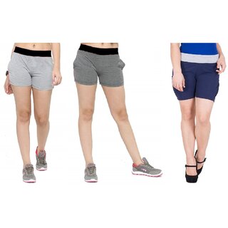                       FeelBlue Stylish Cotton Hot Pants/Shorts for Women ideal for Cycling, Gym, Yoga(Pack of 3pc, Lgrey, Dgrey  Navy Blue)                                              
