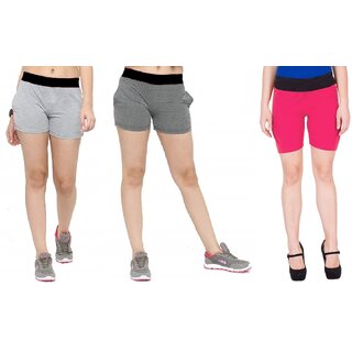                       FeelBlue Stylish Cotton Hot Pants/Shorts for Women ideal for Cycling, Gym, Yoga(Pack of 3pc, Lgrey, Dgrey  Rani)                                              