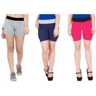                      FeelBlue Stylish Cotton Hot Pants/Shorts for Women ideal for Cycling, Gym, Yoga(Pack of 3pc, Lgrey, Navy Blue  Rani)                                              