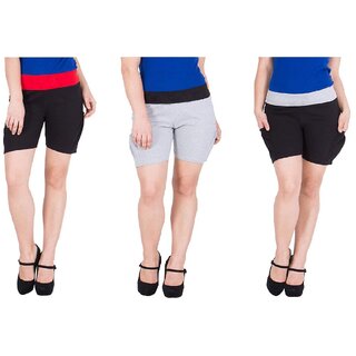                       FeelBlue Stylish Cotton Hot Pants/Shorts for Women ideal for Cycling, Gym, Yoga(Pack of 3pc, Gblack, Lgrey  Black)                                              