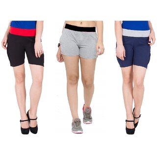                       FeelBlue Stylish Cotton Hot Pants/Shorts for Women ideal for Cycling, Gym, Yoga(Pack of 3pc, Black, Lgrey  Navy Blue)                                              