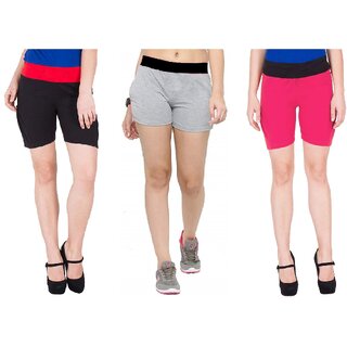                       FeelBlue Stylish Cotton Hot Pants/Shorts for Women ideal for Cycling, Gym, Yoga(Pack of 3pc, Black, Lgrey  Rani)                                              