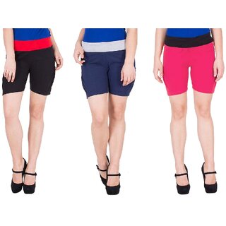                       FeelBlue Stylish Cotton Hot Pants/Shorts for Women ideal for Cycling, Gym, Yoga(Pack of 3pc, Black, Navy Blue  Rani)                                              