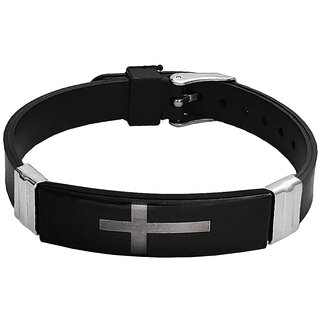                       M Men Style  Cross Engraved  Black  Silicone  Stainless Steel Bracelet For Men And Women                                              