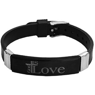                       M Men Style  Jesus Cross God Is Love Engraved Wristband  Black Silicone  Steel Bracelet For Men                                              