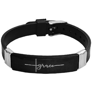                       M Men Style  Jesus Nail Cross Grace Engraved Wristband Black  Silicone  Steel Bracelet For Men                                              