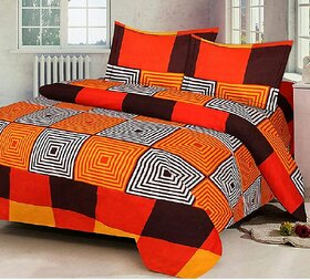 Choco Square Orange Cotton Double Bedsheet With 2 Pillow Covers