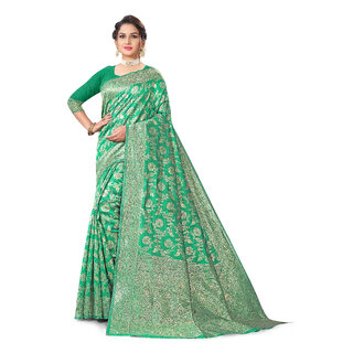                       Parrot Green Banarasi Silk Jacquard Woven Saree with Blouse (VARVRSKTGA601)                                              