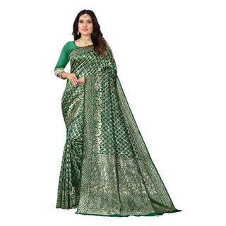                       Dark Green Banarasi Silk Jacquard Woven Saree with Blouse (VARVRSKTDH0451)                                              