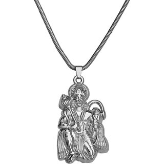                       M Men Style  Lord  Hanuman idol Monkey God of Devotion Locket With Link Chain Silver Metal  Pendant                                              