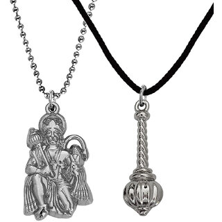                       M Men Style Lord Hanuman idol Monkey God of Devotion  With Gada  Silver Cotton Dori Metal Pendant                                              