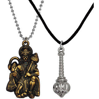                       M Men Style Lord Hanuman idol Monkey God Of Devotion Gada Bronze Silver Metal Cotton Dori Pendant                                              