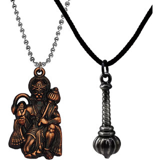                       M Men Style Lord  Hanuman idol Monkey God Of Devotion Gada Copper  Grey  Metal Cotton Dori Pendant                                              