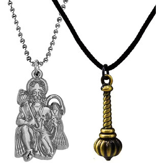                       M Men Style Lord  Hanuman idol Monkey God Of Devotion Gada  Silver Bronze Metal Cotton Dori Pendant                                              