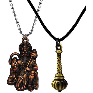                       M Men Style Lord Hanuman idol Monkey God Of Devotion Gada  Copper  Bronze Metal Cotton Dori Pendant                                              