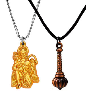                      M Men Style Lord Hanuman idol Monkey God Of Devotion   Gada Gold Copper Metal Cotton Dori Pendant                                              