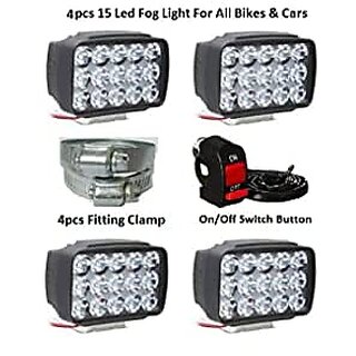 15 Led Fog Light Headlight Light For All Bikes and All Cars Fog Lamp Indicator Light Motorbike Car LED (Universal For Bike Universal For Car Pack of 4)