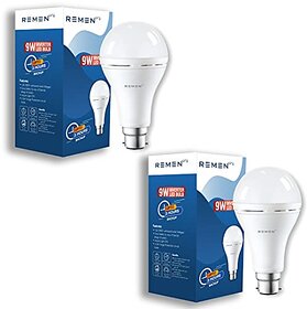 Remen 9 Watt Rechargeable Emergency Inverter LED Bulb , AC/DC Bulb Cool White , B22 Base , Pack of 2