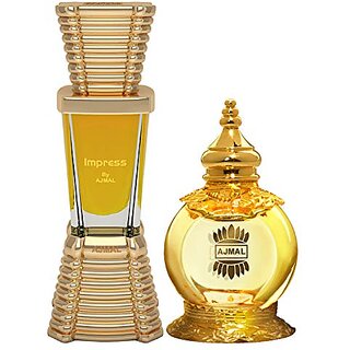                       Ajmal Impress Concentrated Perfume Oil Citrus Alcohol-free Attar 10ml for Men and Mukhallat AL Wafa Concentrated Perfume Oil Oriental Musky Alcohol-free Attar 12ml for Unisex + 2 Parfum Testers FREE                                              