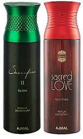 Ajmal Sacrificell Him & Sacredlove Deodorant Spray Gift For Women (200 ml Pack of 2) + 1 Perfume Tester