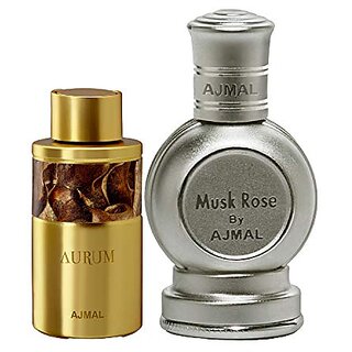                       Ajmal Aurum Concentrated Perfume Oil Fruity Floral Alcohol-free Attar 10ml for Women and Musk Rose Concentrated Perfume Oil Floral Musky Alcohol-free Attar 12ml for Unisex + 2 Parfum Testers FREE                                              