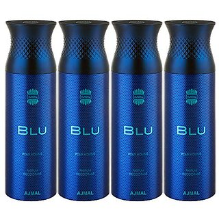                       Ajmal 4 Blu Deodorant Spray - For Men (200 ml Pack of 4) + 2 Perfume Testers                                              