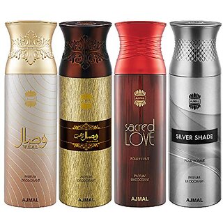                       Ajmal Wisal & Wisal Dhahab & Sacred Love & Silver Shade Deodorant Spray- For Men (200 ml Pack of 4)                                              