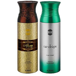                       Ajmal Wisal Dhahab & Raindrops Deodorant Spray Gift For Men & Women (200 ml Pack of 2) + 1 Perfume Tester                                              