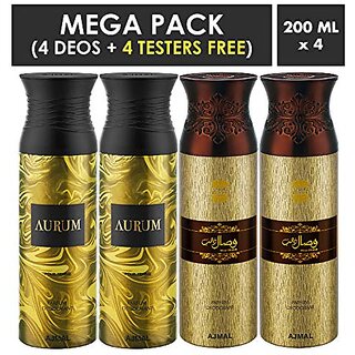                       Ajmal 2 Aurum & 2 Wisal Dhahab Deodorant Spray- For Men & Women (200 ml Pack of 4) + 2 Perfume Testers                                              