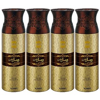                       Ajmal Wisal Dhahab Deodorant Spray For Men 200ml each (Pack of 4 800ml) + 4 Parfum Testers Free                                              