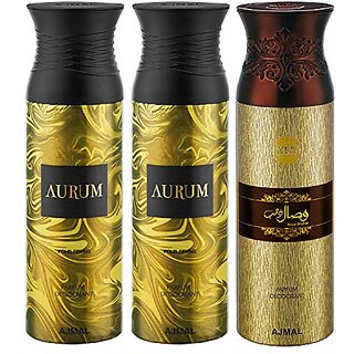                       Ajmal Aurum & Aurum & Wisal Dahab Deodorant Spray - For Men & Women (200 ml Pack of 3) + 1 Perfume Tester                                              
